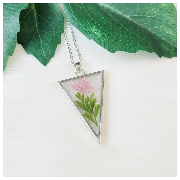 Floral Pendant Necklace Pastel Pink Green and Pearl White Pressed Dried Flowers - Picture 9 of 10